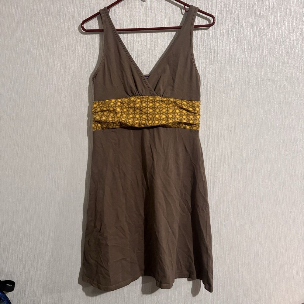 Patagonia Dress Brown Yellow V Sleeveless Summer Organic Cotton Boho Women's M